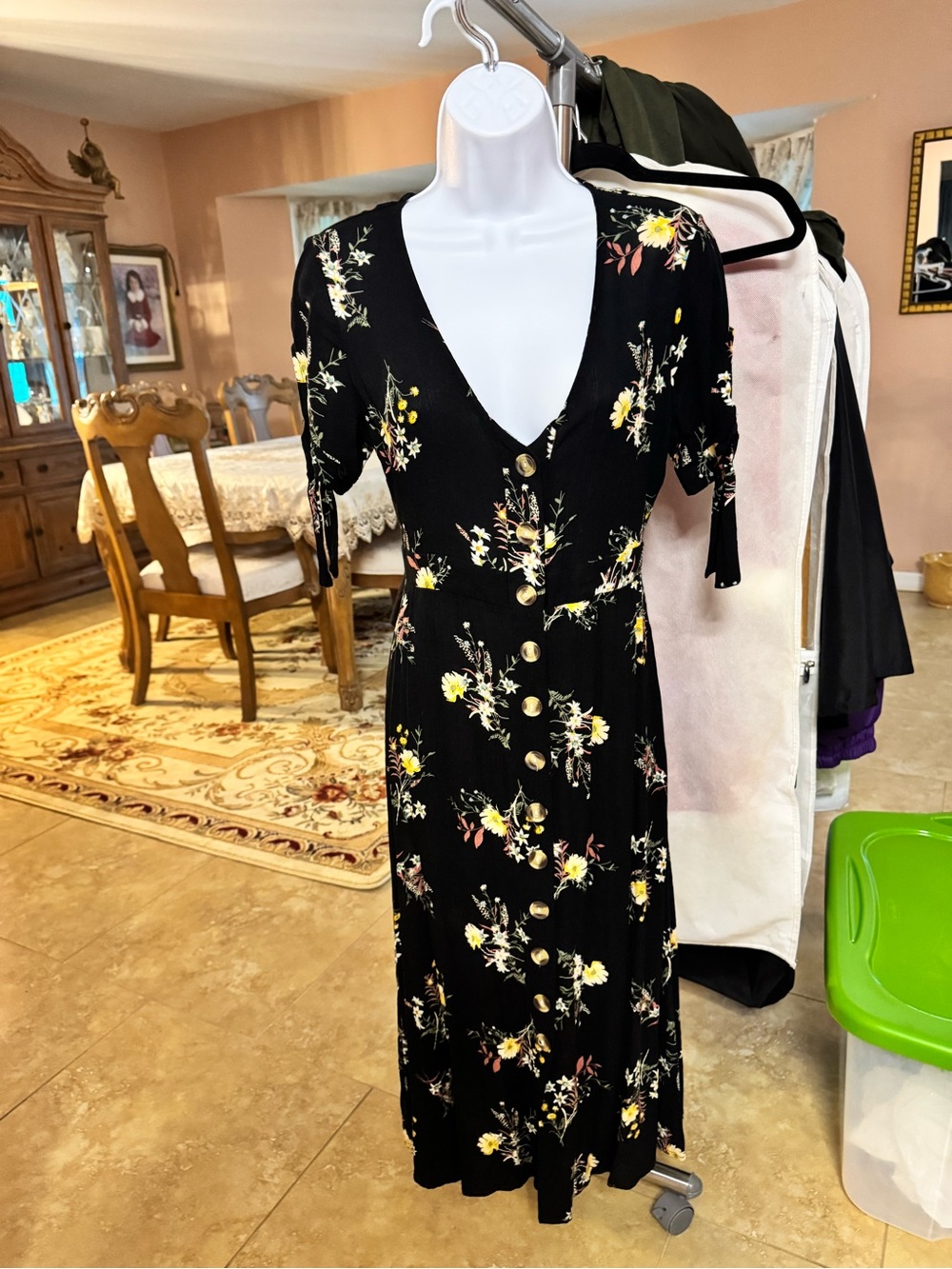 Sky and Sparrow Black Midi Dress with Yellow and Cream Floral Print